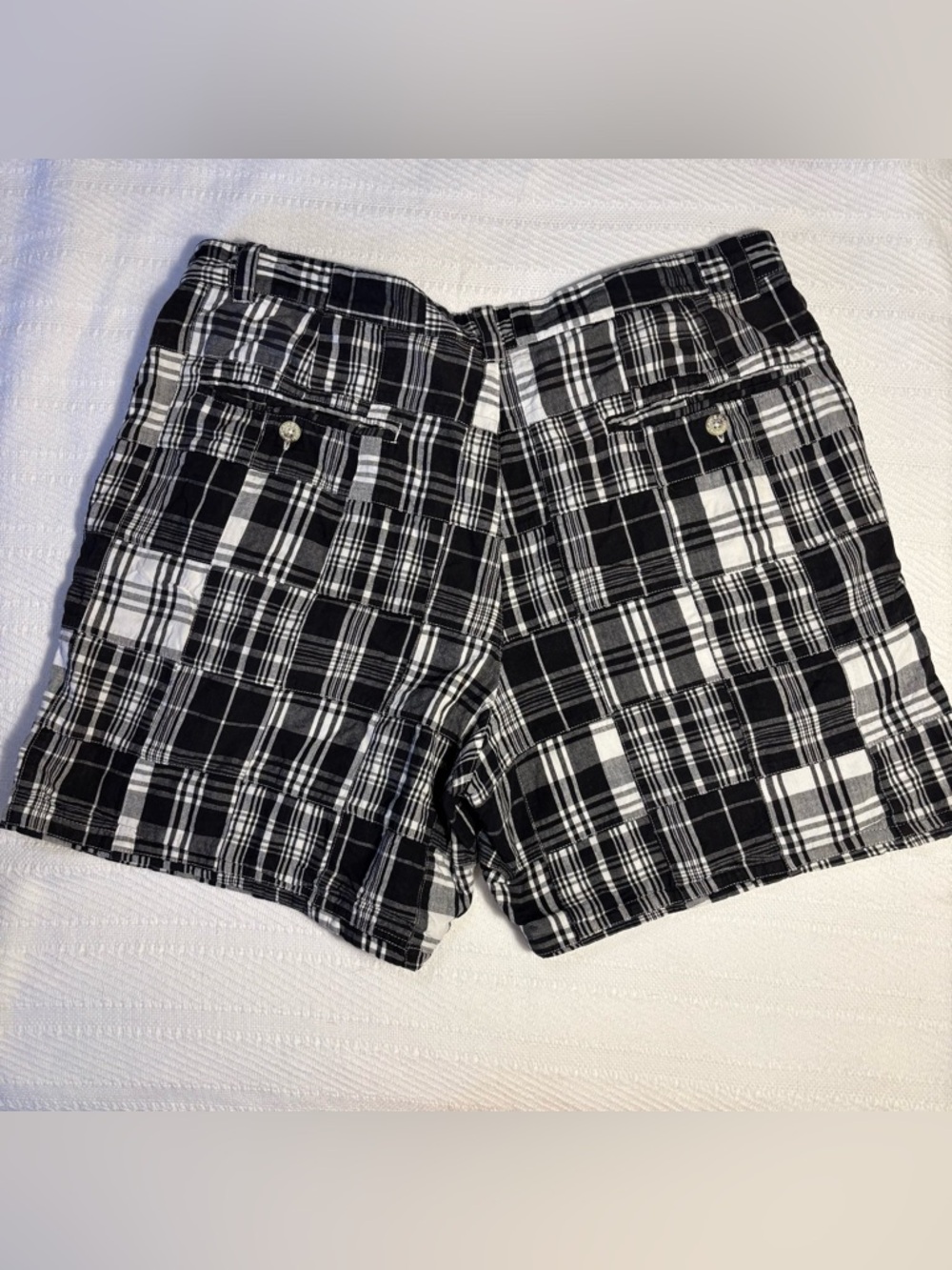 Cape Madras Men’s Shorts 38 Black and White Patchwork 100% Cotton Preppy Plaid